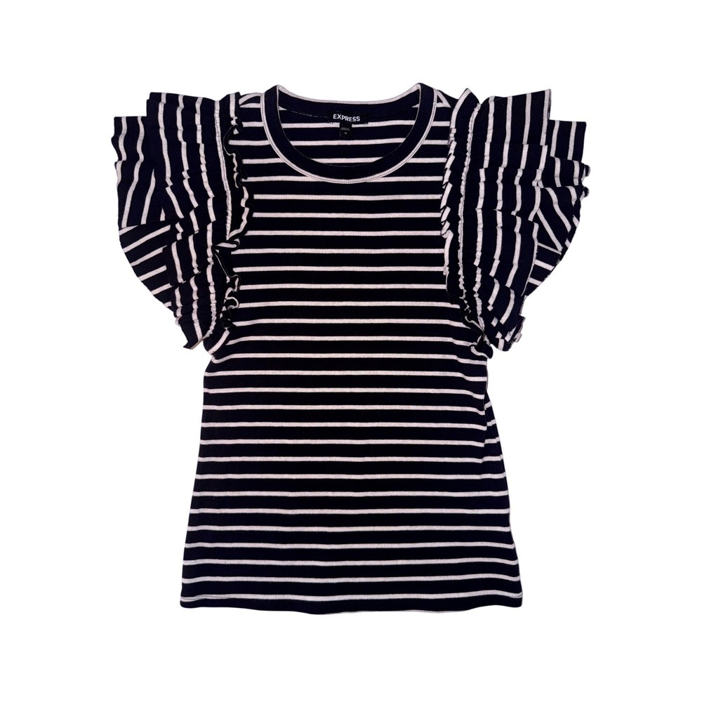 French Girl Nautical Coastal Ruffle Sleeve Medium Navy White Striped Ribbed Tee